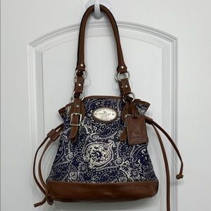 American Living Navy/White Paisley w/ light brown vinyl leather Cinch Bucket Bag